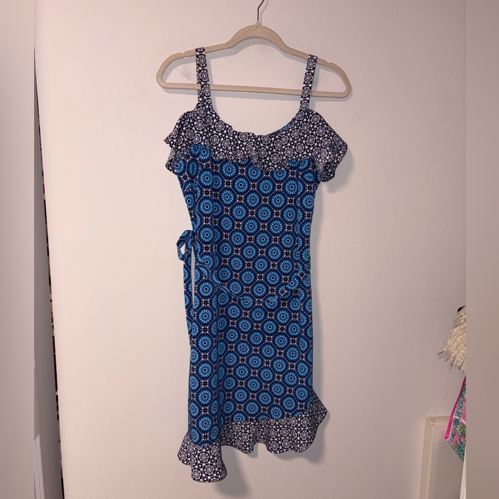 Roz & Ali Blue Mandala Ruffle & Strap Sleeve Asymmetrical Dress Large